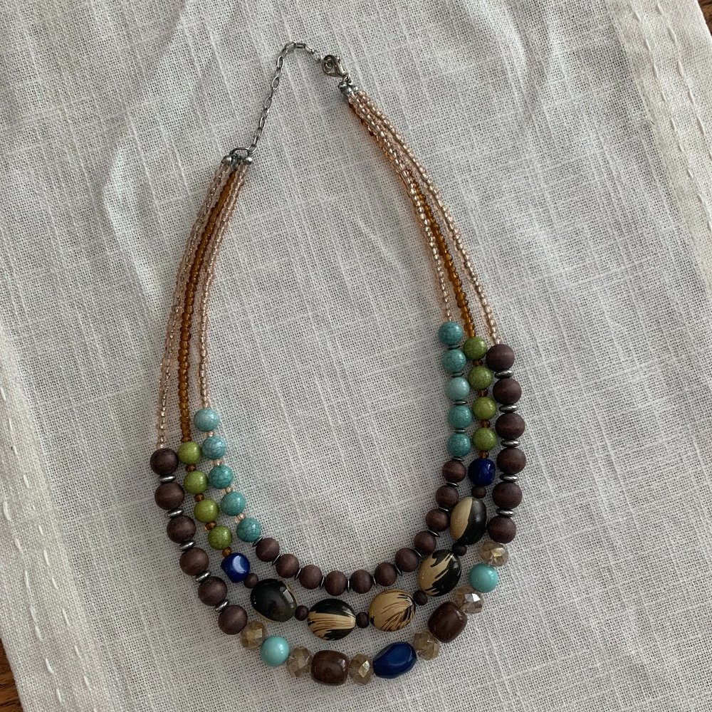 triple strand brown, green and blue necklace
